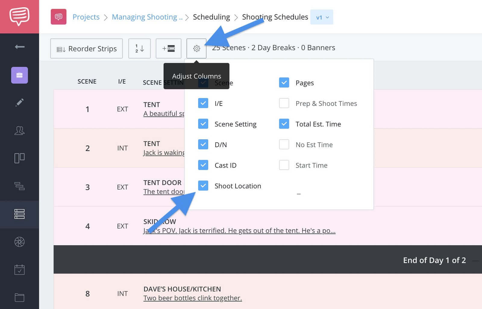 Adjust Columns Button - Enable Shoot Location