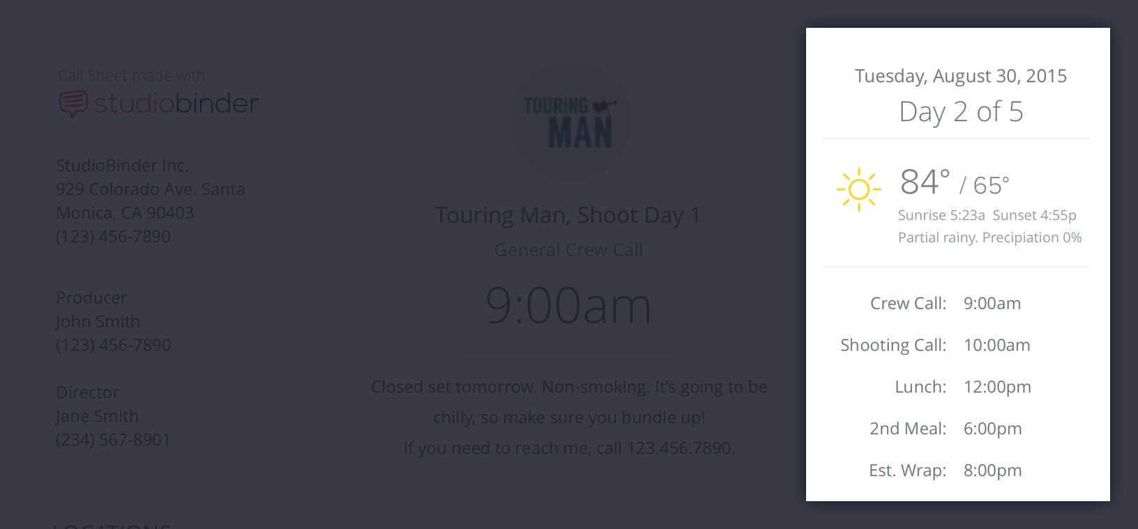 Callsheet Template Anatomy - Day of Days - Weather - Schedule - StudioBinder