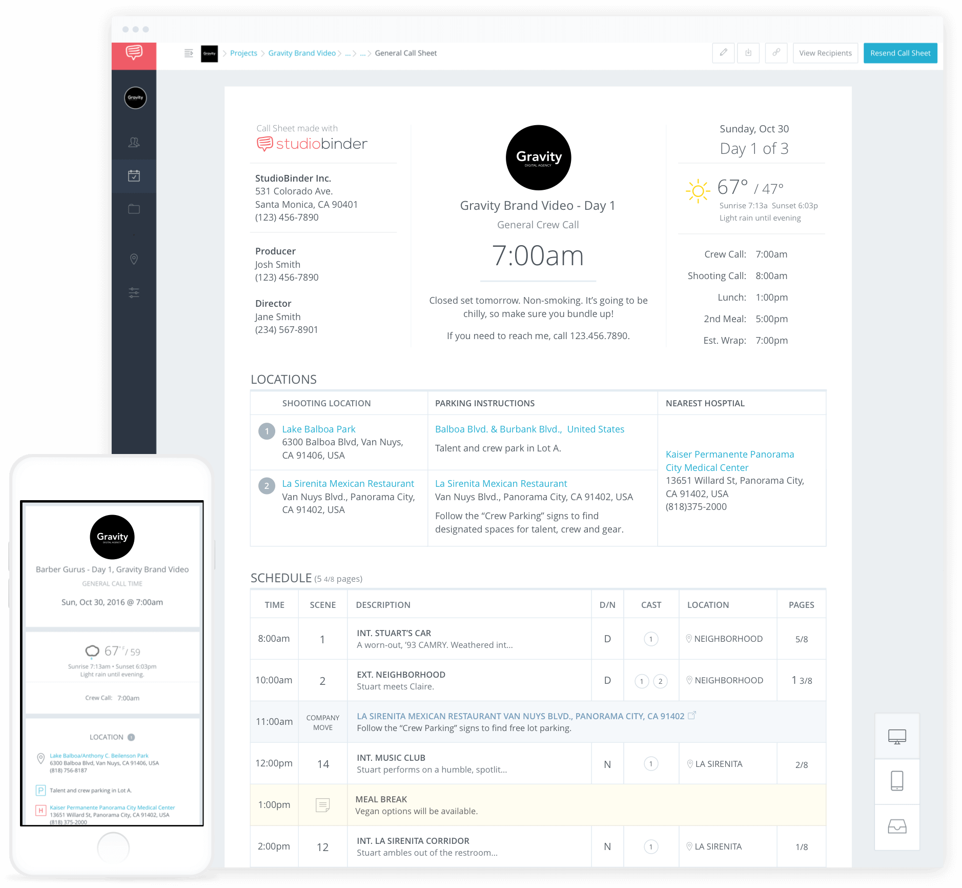Create Call Sheet Online - StudioBinder Video Photo and Film Call Sheet Template Software