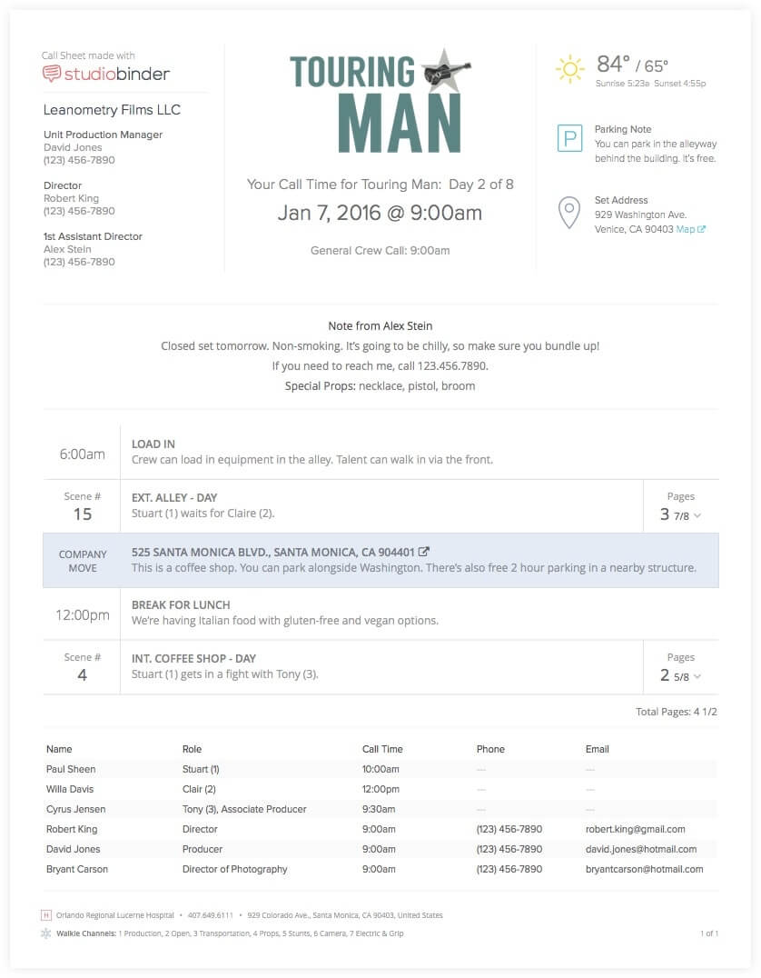 Filmmaking Software - Call Sheet Template Basic - StudioBinder