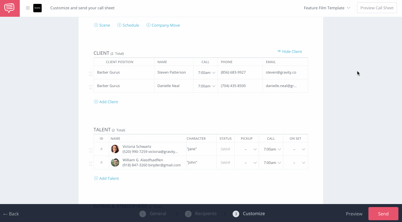 Hide Film Production Client and Cast Details on Call Sheet