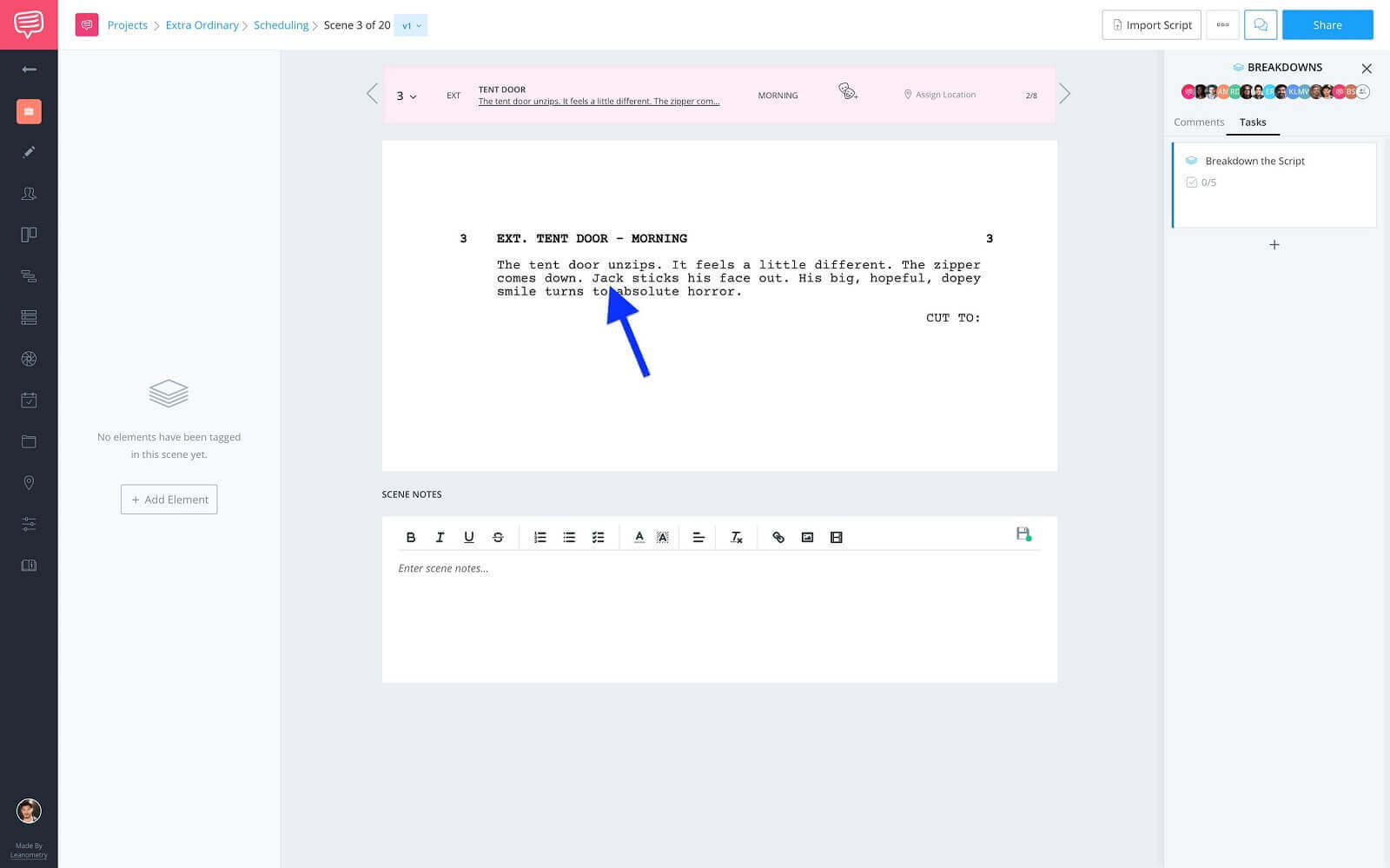 How To Set Up a Project for Success in StudioBinder - Action Lines - Character in Scene