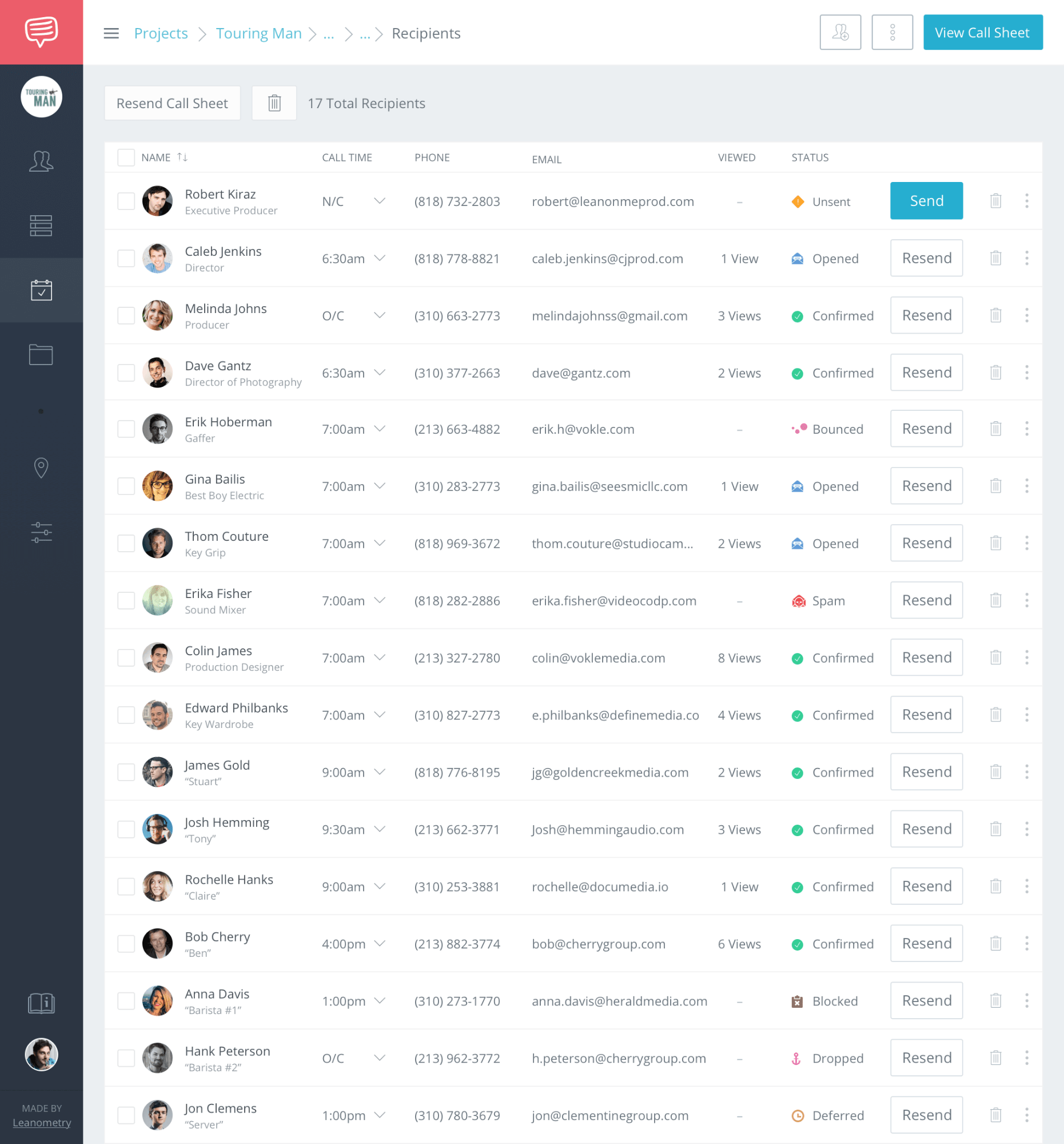 Project Contact List in StudioBinder - Movie cast list 