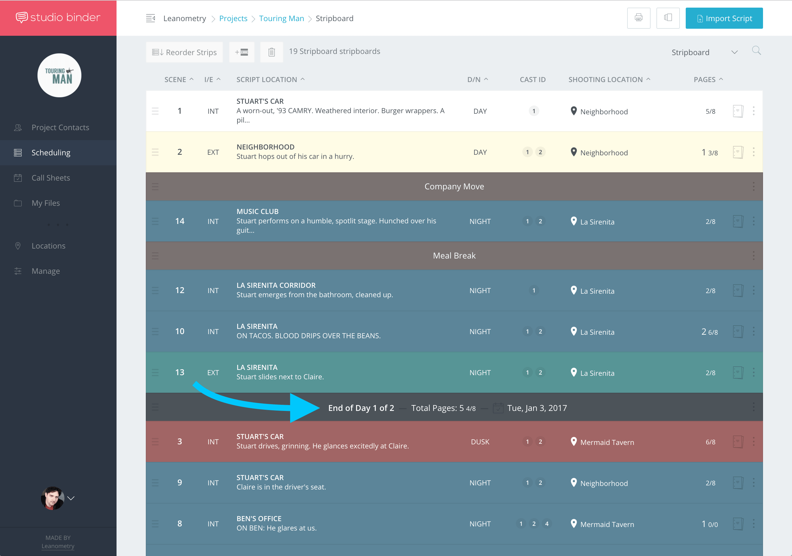 Shooting Schedule Template and Film Scheduling Software - Add a Day Break to Stripboard - StudioBinder Film Production Management Software