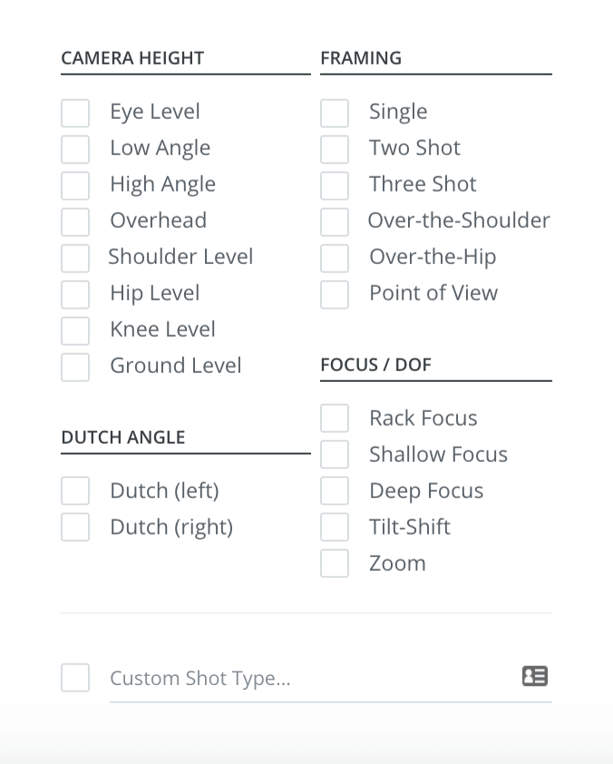 Shot type and angles photography storyboard templates