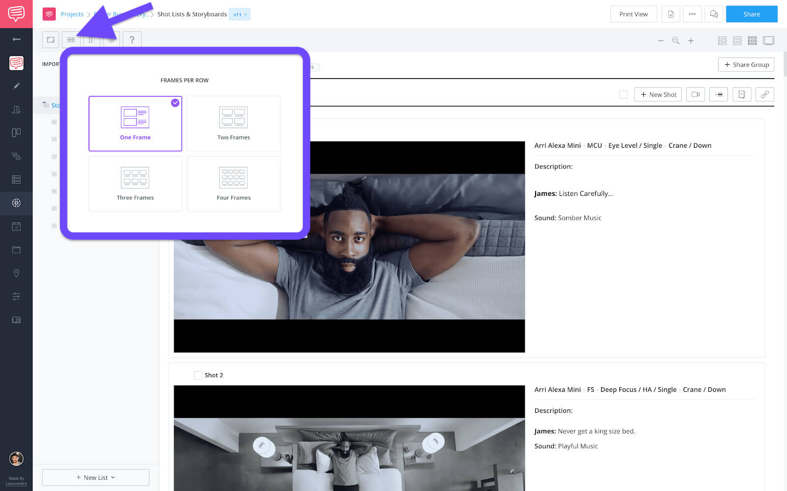 Storyboard frames - One frame per row