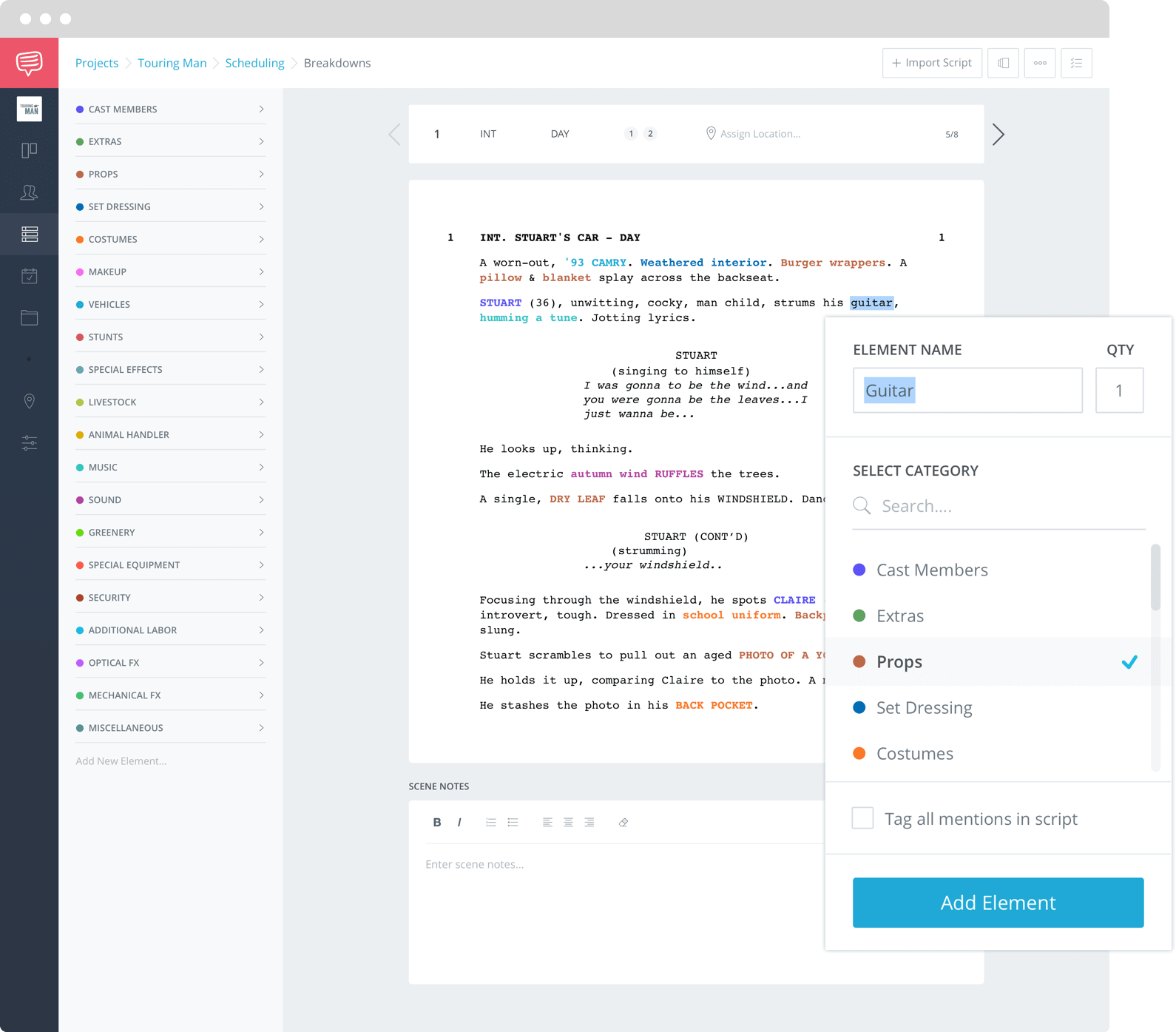 StudioBinder Script Breakdown Sheet Software - Taging Elements for Film Scheduling Software