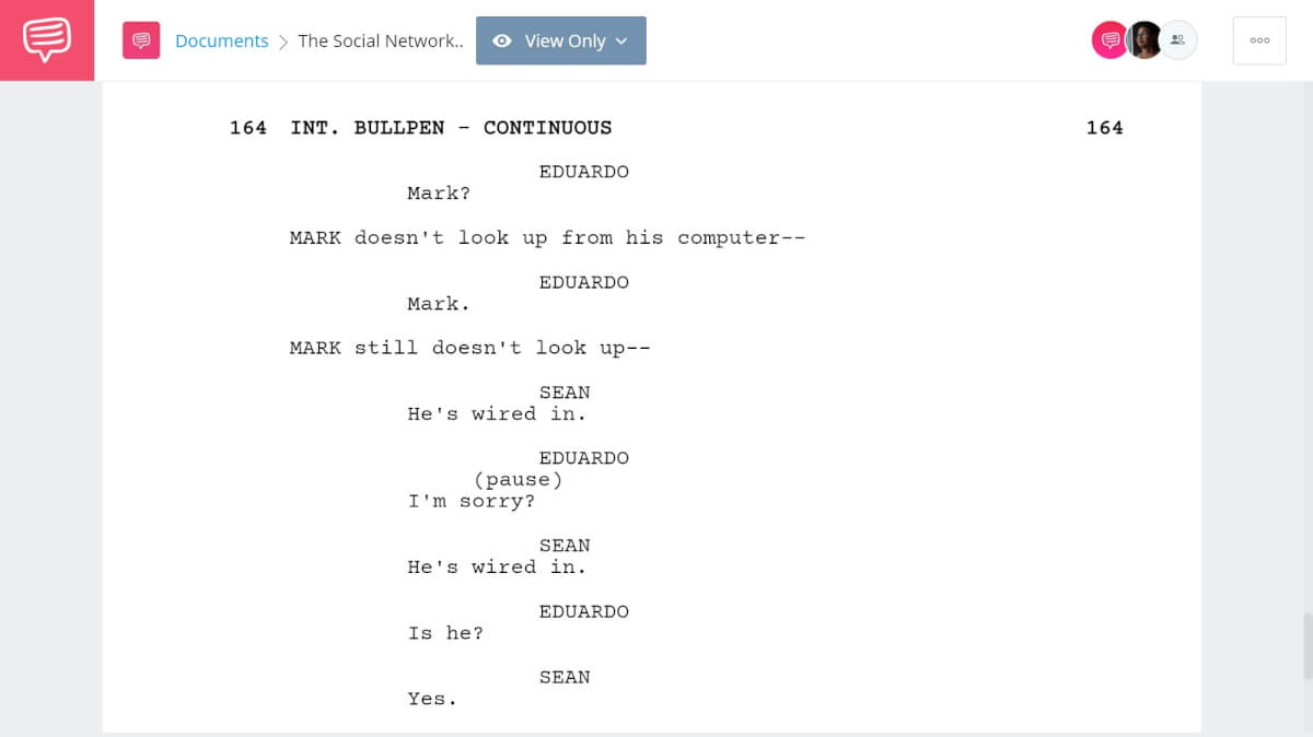 The Social Network Script Breakdown - Confrontation Scene - StudioBinder Screenwriting Software