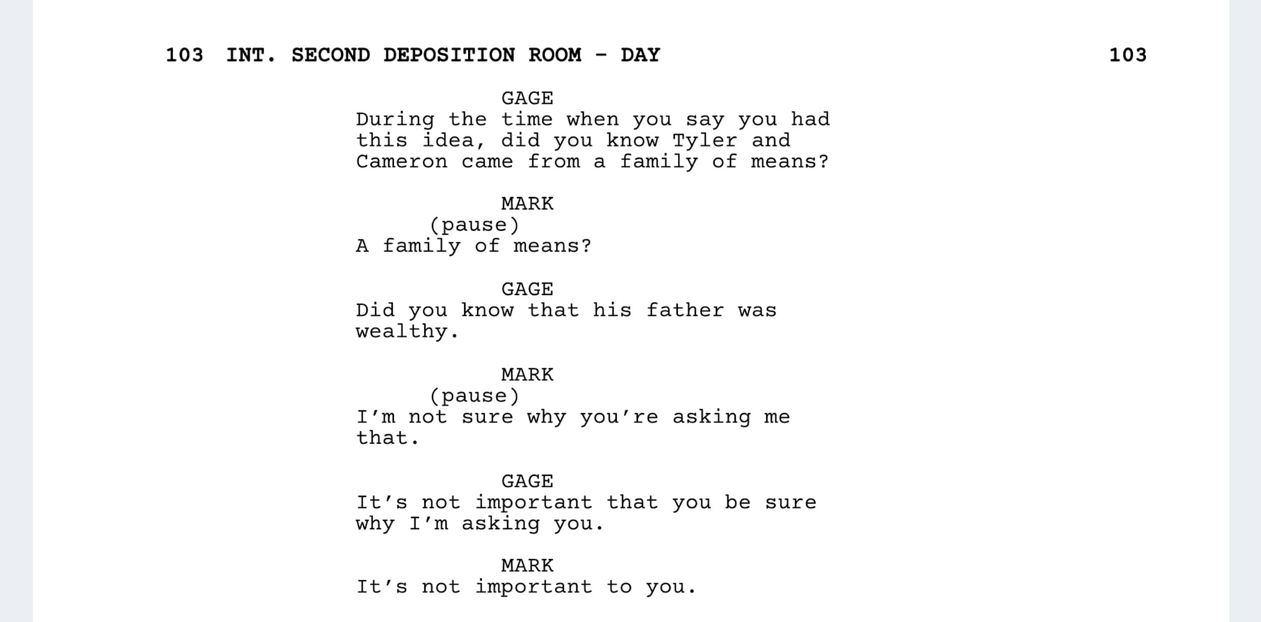 The Social Network Script - Deposition Scene - StudioBinder - Screenwriting Software